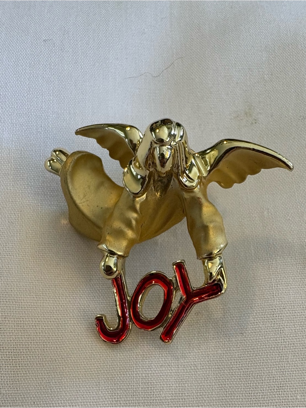 Source Unknown Gold Angel Brooch with Red JOY Accent